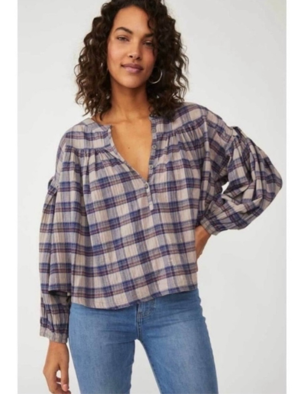 We The Free Plaid Peasant Blouse - oversized XS